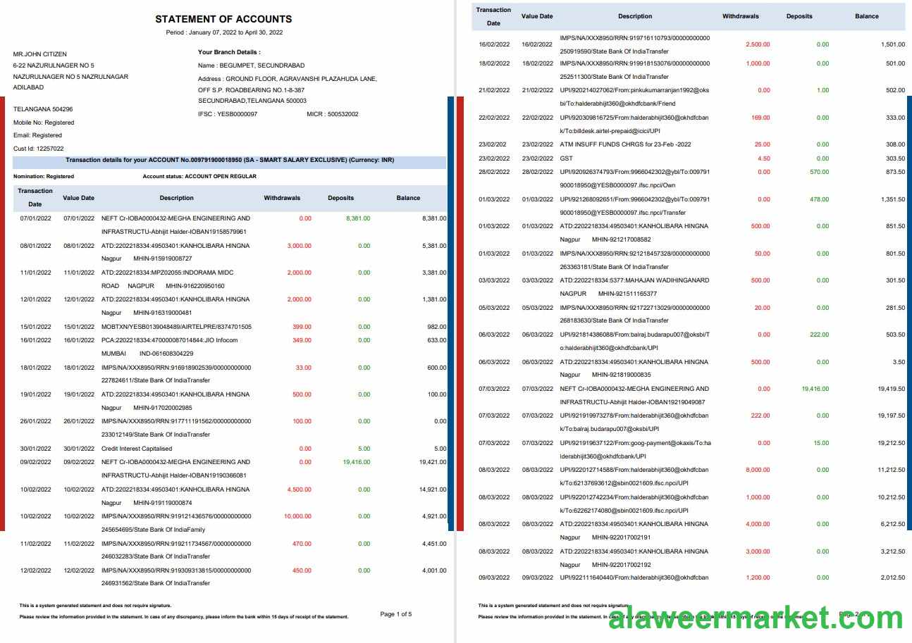 India HDFC bank statement 5 pages